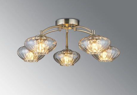 Greaves Flush Ceiling Light, 5 x G9, Antique Brass/Cognac Glass/Clear Crystal
