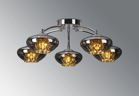 Greaves Flush Ceiling Light, 5 x G9, Polished Chrome/Smoked Glass/Clear Crystal