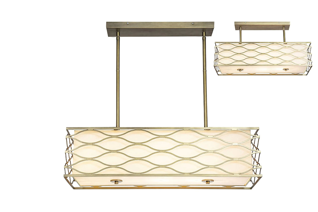 Hinnegan Rectangle Pendant/Convertible To Semi Flush 5 x E14 Aged Gold/Cream Fabric Shade