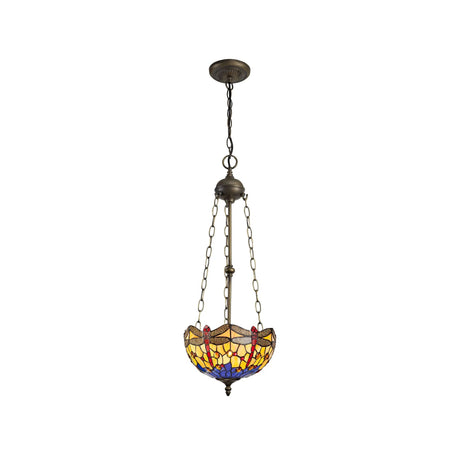 Hinnigan 3 Light Uplighter Pendant E27 With 30cm Tiffany Shade, Blue/Orange/Crystal/Aged Antique Brass