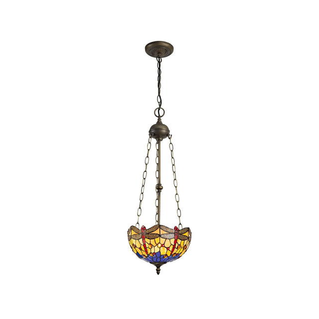 Hinnigan 3 Light Uplighter Pendant E27 With 30cm Tiffany Shade, Blue/Orange/Crystal/Aged Antique Brass
