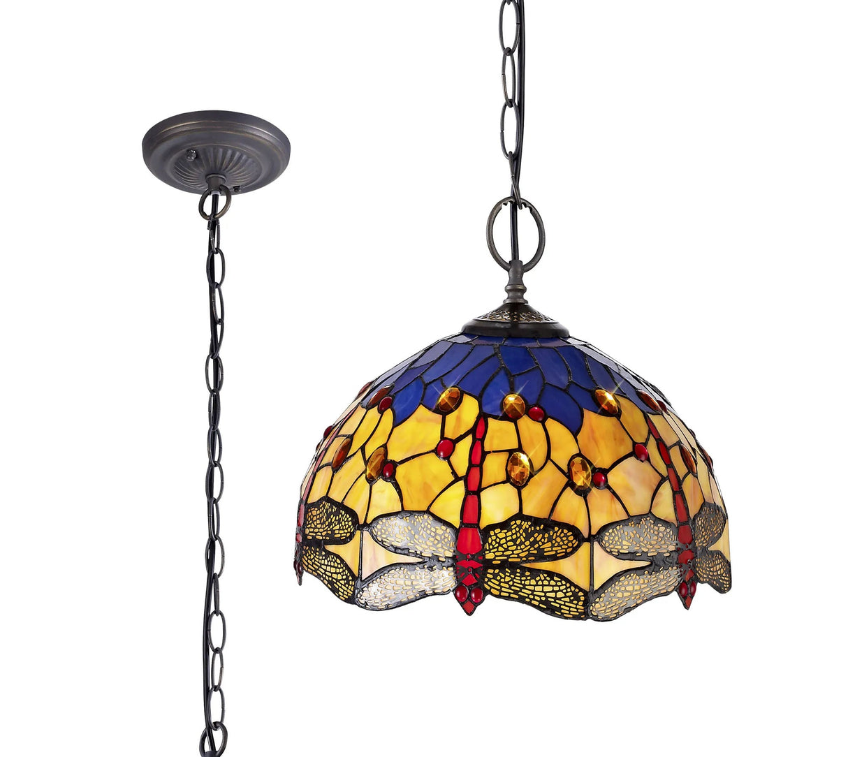 Hinnigan 2 Light Downlighter Pendant E27 With 40cm Tiffany Shade, Blue/Orange/Crystal/Aged Antique Brass