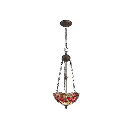 Hinnigan 2 Light Uplighter Pendant E27 With 30cm Tiffany Shade, Purple/Pink/Crystal/Aged Antique Brass