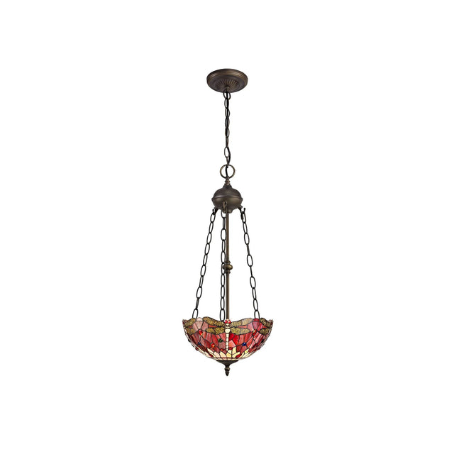 Hinnigan 2 Light Uplighter Pendant E27 With 30cm Tiffany Shade, Purple/Pink/Crystal/Aged Antique Brass