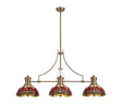 Hinnigan 3 Light Linear Pendant E27 With 30cm Tiffany Shade, Antique Brass, Purple, Pink, Crystal