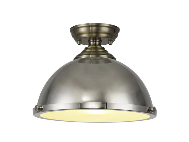 Holloway 1 Light Flush Ceiling E27 With Round 31cm Metal Shade Antique Brass/Polished Nickel/Frosted White