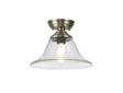 Holloway 1 Light Flush Ceiling E27 With Smooth Bell 30cm Glass Shade Antique Brass/Clear