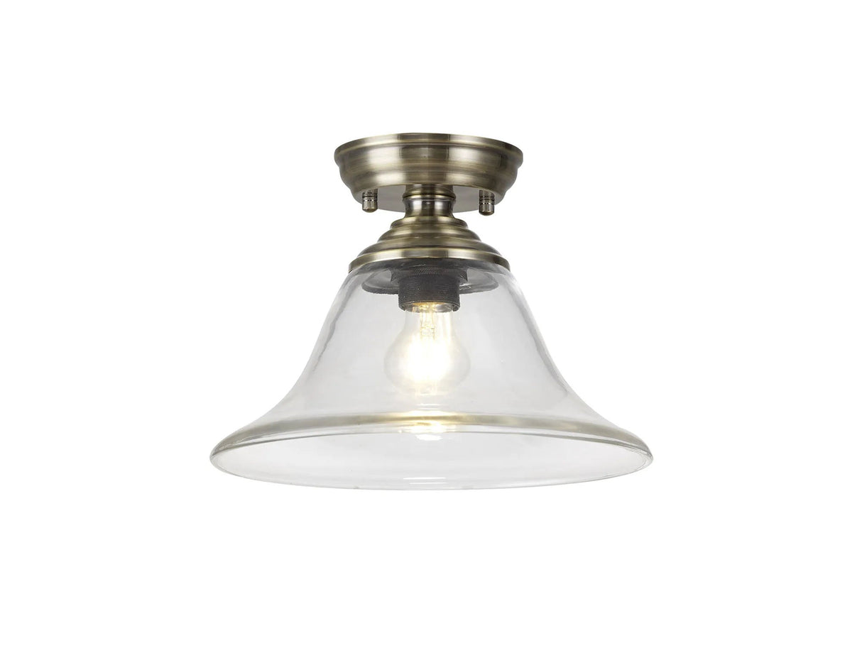 Holloway 1 Light Flush Ceiling E27 With Smooth Bell 30cm Glass Shade Antique Brass/Clear