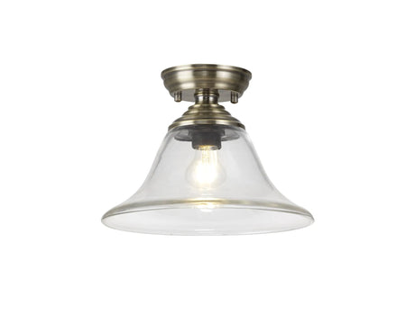 Holloway 1 Light Flush Ceiling E27 With Smooth Bell 30cm Glass Shade Antique Brass/Clear