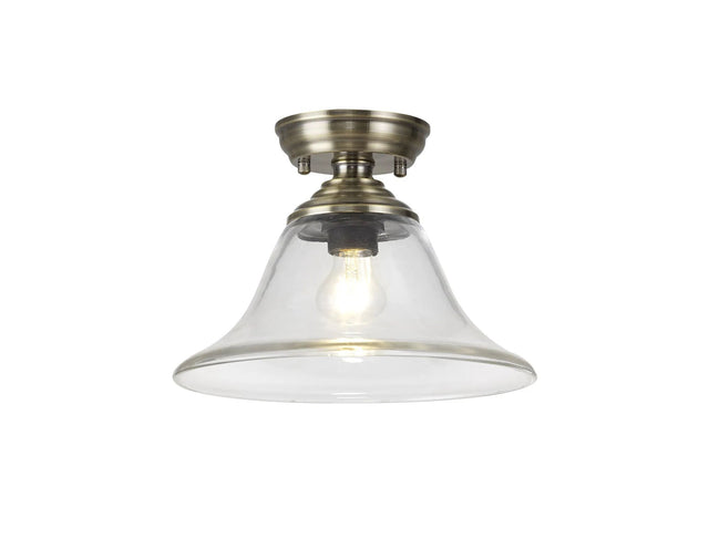 Holloway 1 Light Flush Ceiling E27 With Smooth Bell 30cm Glass Shade Antique Brass/Clear
