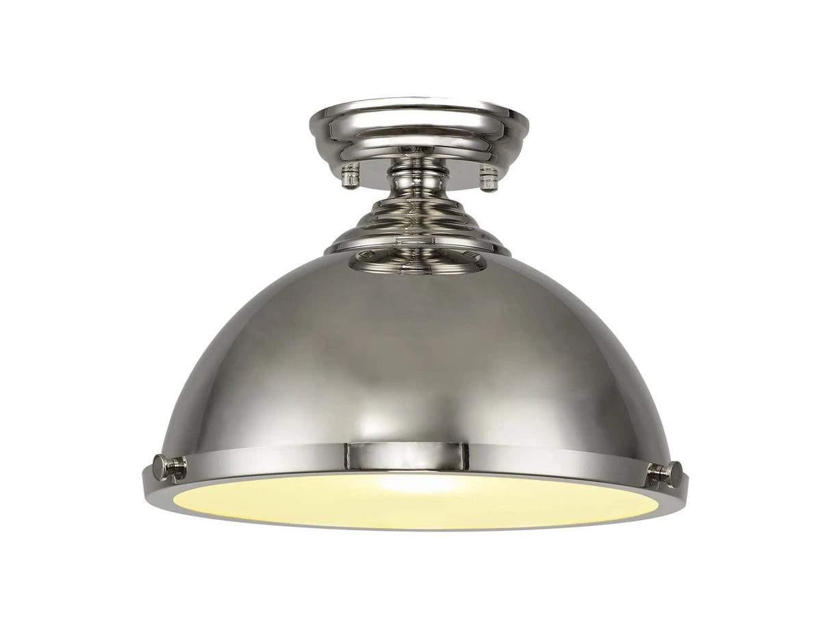 Holloway 1 Light Flush Ceiling E27 With Round 31cm Metal Shade Polished Nickel/Frosted White