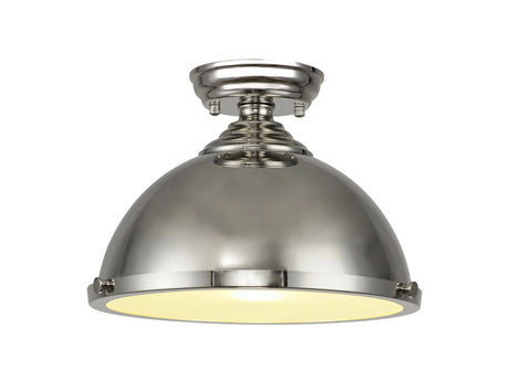 Holloway 1 Light Flush Ceiling E27 With Round 31cm Metal Shade Polished Nickel/Frosted White