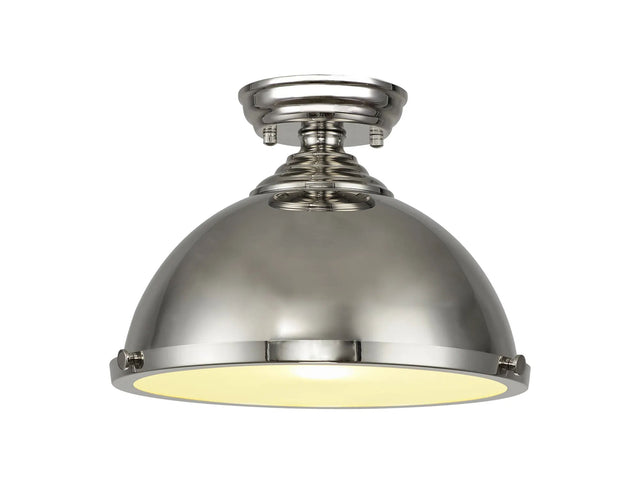 Holloway 1 Light Flush Ceiling E27 With Round 31cm Metal Shade Polished Nickel/Frosted White