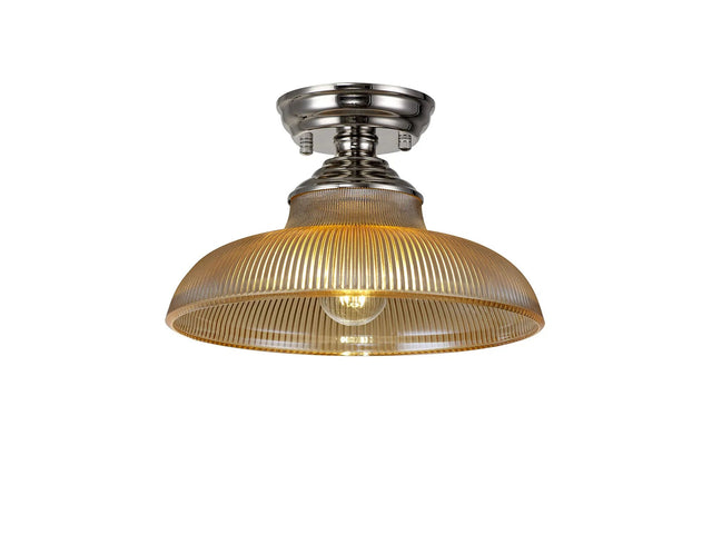 Holloway 1 Light Flush Ceiling E27 With Round 30cm Glass Shade Polished Nickel/Amber