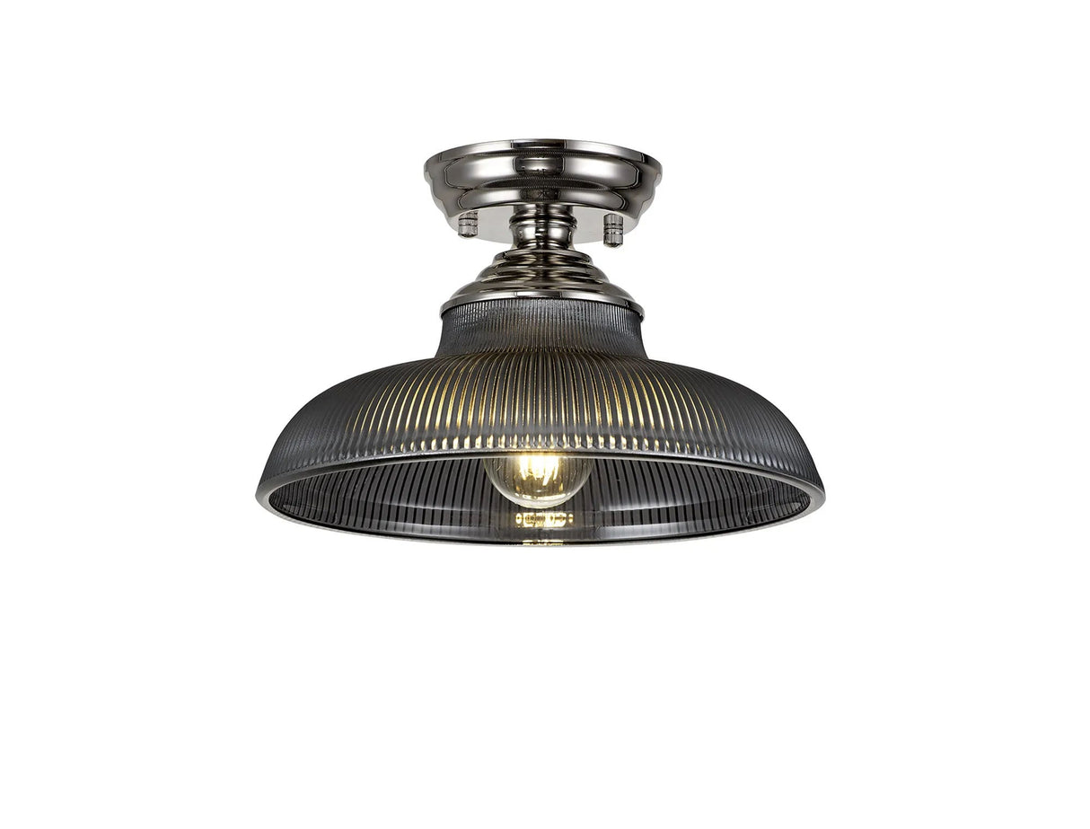 Holloway 1 Light Flush Ceiling E27 With Round 30cm Glass Shade Polished Nickel/Smoked