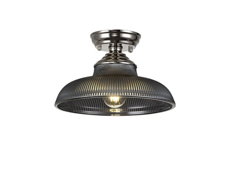 Holloway 1 Light Flush Ceiling E27 With Round 30cm Glass Shade Polished Nickel/Smoked