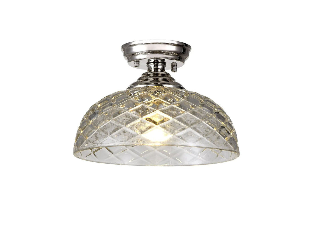 Holloway 1 Light Flush Ceiling E27 With Flat Round 30cm Patterned Glass Shade Polished Nickel/Clear