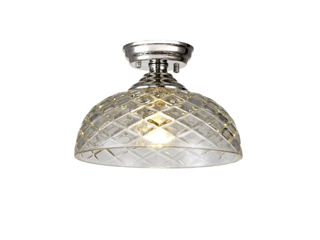 Holloway 1 Light Flush Ceiling E27 With Flat Round 30cm Patterned Glass Shade Polished Nickel/Clear