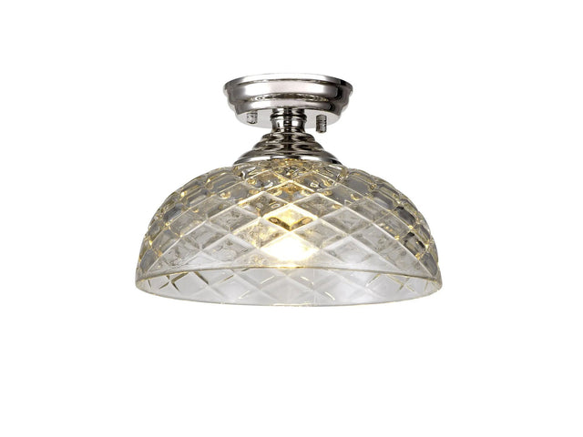 Holloway 1 Light Flush Ceiling E27 With Flat Round 30cm Patterned Glass Shade Polished Nickel/Clear