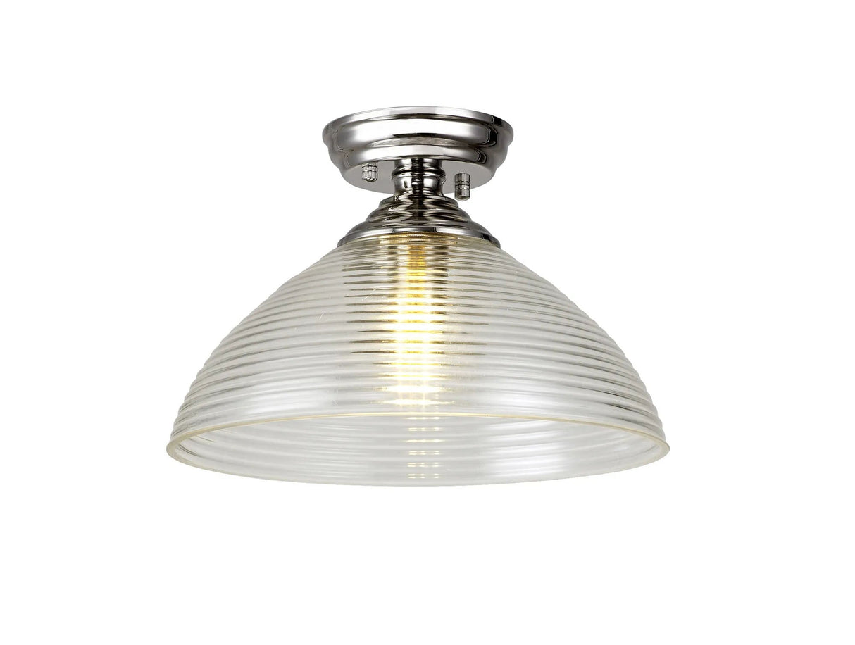 Holloway 1 Light Flush Ceiling E27 With Round 33.5cm Prismatic Effect Glass Shade Polished Nickel/Clear