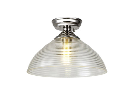 Holloway 1 Light Flush Ceiling E27 With Round 33.5cm Prismatic Effect Glass Shade Polished Nickel/Clear