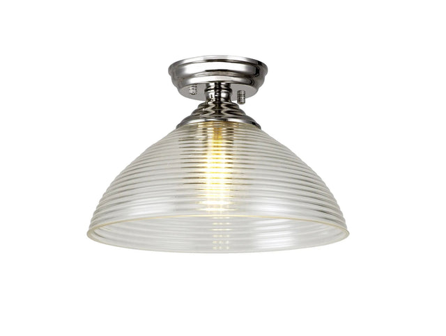 Holloway 1 Light Flush Ceiling E27 With Round 33.5cm Prismatic Effect Glass Shade Polished Nickel/Clear