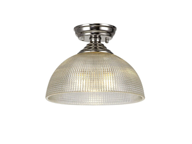 Holloway 1 Light Flush Ceiling E27 With Round 30cm Prismatic Effect Glass Shade Polished Nickel/Clear