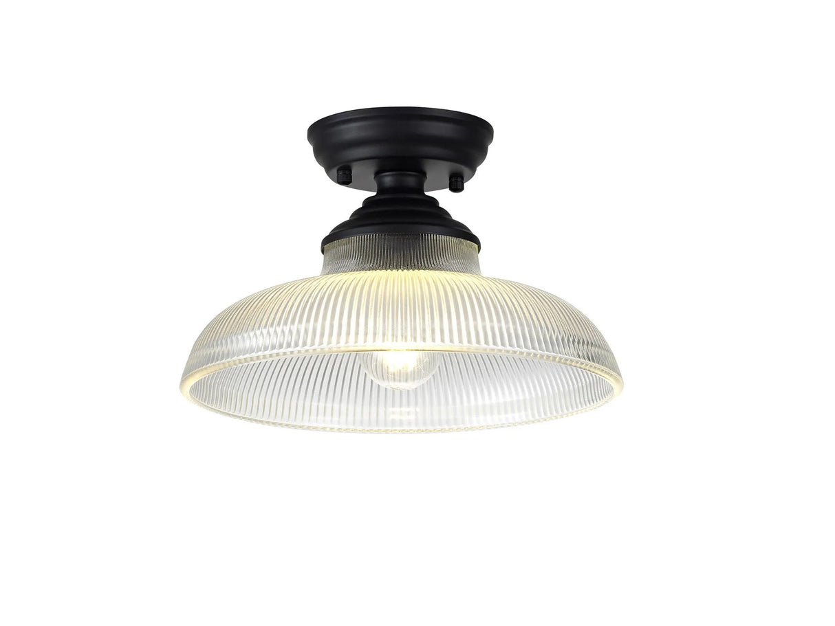 Holloway 1 Light Flush Ceiling E27 With Round 30cm Glass Shade Matt Black/Clear