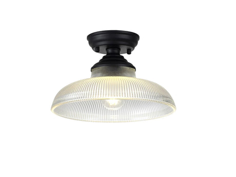 Holloway 1 Light Flush Ceiling E27 With Round 30cm Glass Shade Matt Black/Clear