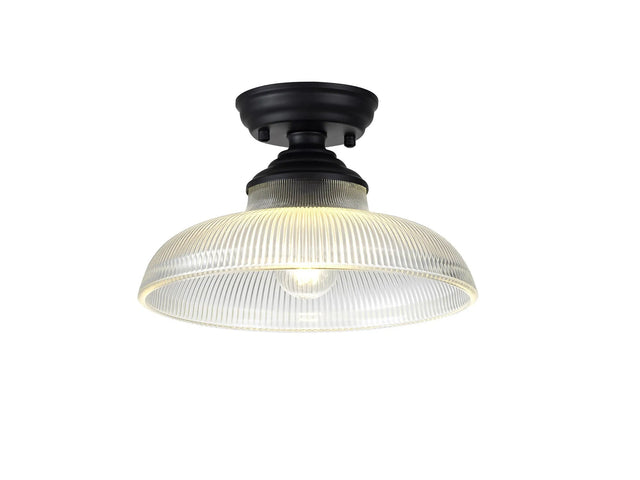 Holloway 1 Light Flush Ceiling E27 With Round 30cm Glass Shade Matt Black/Clear