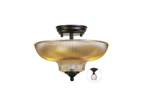 Holloway 2 Light Semi Flush Ceiling E27 With Round 30cm Glass Shade Matt Black/Amber