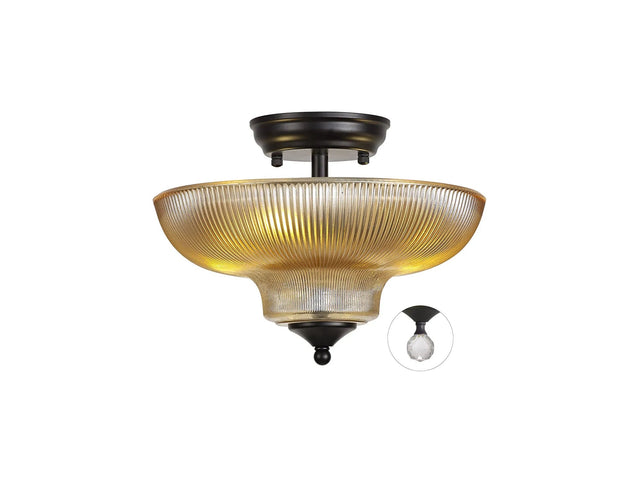 Holloway 2 Light Semi Flush Ceiling E27 With Round 30cm Glass Shade Matt Black/Amber