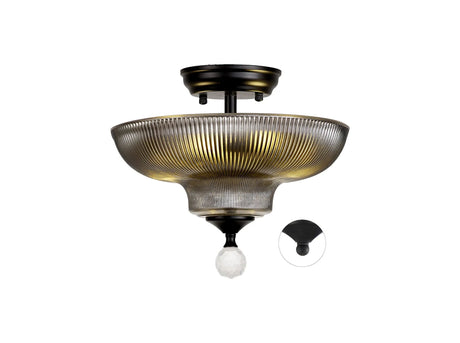 Holloway 2 Light Semi Flush Ceiling E27 With Round 30cm Glass Shade Matt Black/Smoked