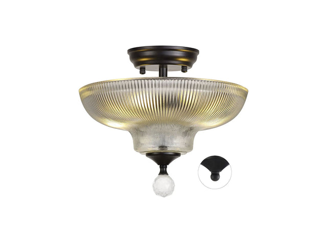 Holloway 2 Light Semi Flush Ceiling E27 With Round 30cm Glass Shade Matt Black/Clear