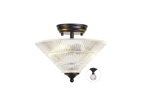 Holloway 2 Light Semi Flush Ceiling E27 With Cone 30cm Glass Shade Matt Black/Clear