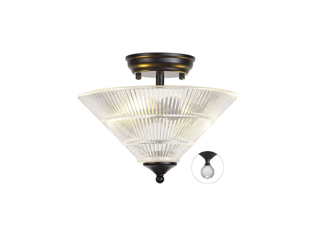 Holloway 2 Light Semi Flush Ceiling E27 With Cone 30cm Glass Shade Matt Black/Clear
