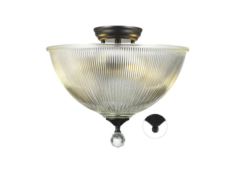 Holloway 2 Light Semi Flush Ceiling E27 With Dome 38cm Glass Shade Matt Black/Clear