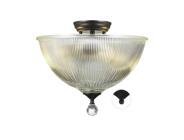 Holloway 2 Light Semi Flush Ceiling E27 With Dome 38cm Glass Shade Matt Black/Clear