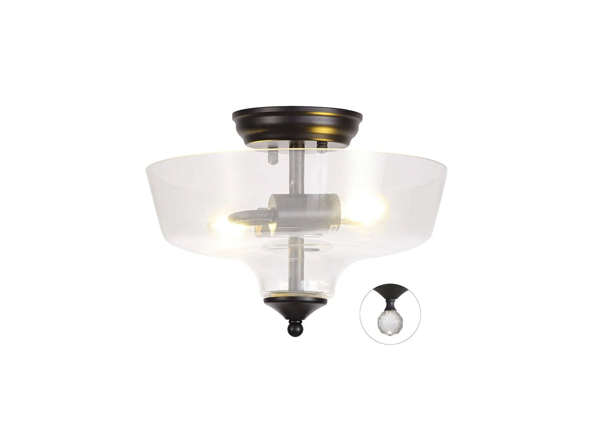 Holloway 2 Light Semi Flush Ceiling E27 With Flat Round 30cm Glass Shade Matt Black/Clear
