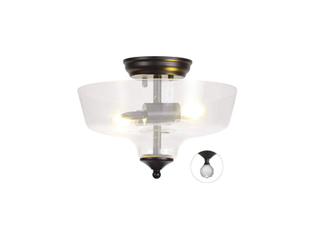 Holloway 2 Light Semi Flush Ceiling E27 With Flat Round 30cm Glass Shade Matt Black/Clear
