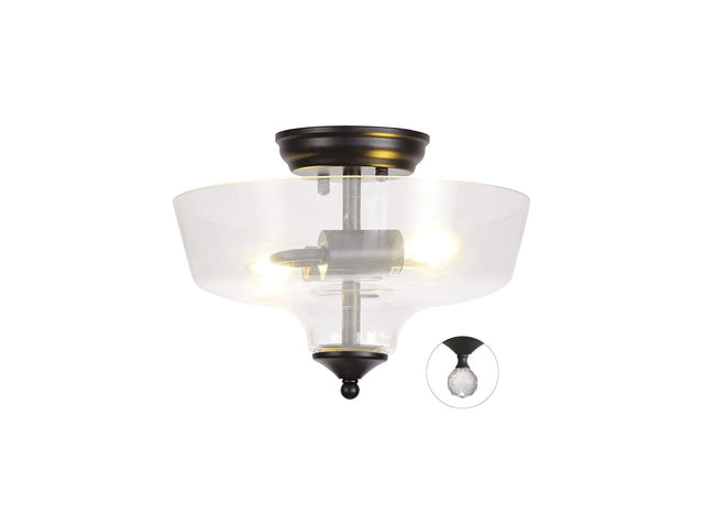 Holloway 2 Light Semi Flush Ceiling E27 With Flat Round 30cm Glass Shade Matt Black/Clear