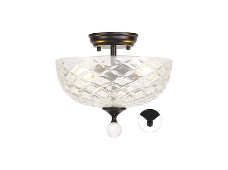 Holloway 2 Light Semi Flush Ceiling E27 With Flat Round 30cm Patterned Glass Shade Matt Black/Clear