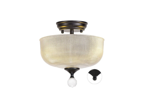 Holloway 2 Light Semi Flush Ceiling E27 With Round 26.5cm Prismatic Effect Glass Shade Matt Black/Clear