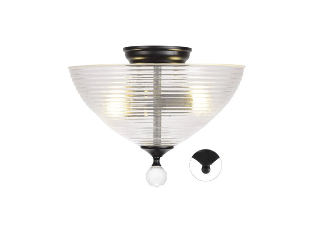 Holloway 2 Light Semi Flush Ceiling E27 With Round 33.5cm Prismatic Effect Glass Shade Matt Black/Clear