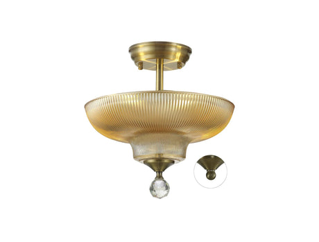 Holloway 2 Light Semi Flush Ceiling E27 With Round 30cm Glass Shade Antique Brass/Amber