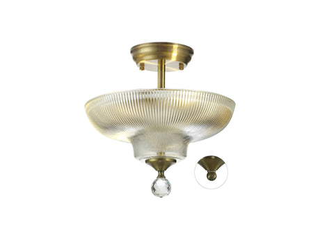 Holloway 2 Light Semi Flush Ceiling E27 With Round 30cm Glass Shade Antique Brass/Clear