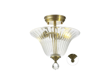 Holloway 2 Light Semi Flush Ceiling E27 With Bell 30cm Glass Shade Antique Brass/Clear
