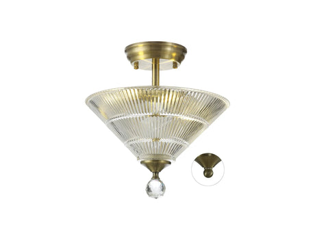 Holloway 2 Light Semi Flush Ceiling E27 With Cone 30cm Glass Shade Antique Brass/Clear
