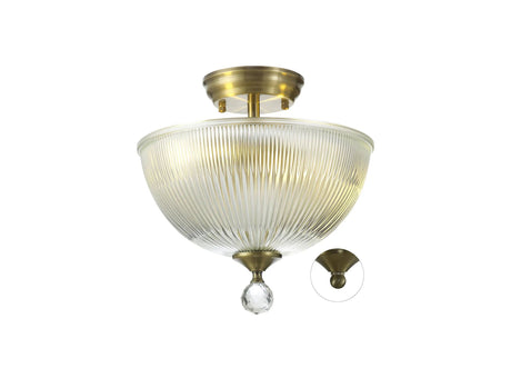 Holloway 2 Light Semi Flush Ceiling E27 With Dome 30cm Glass Shade Antique Brass/Clear