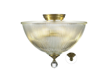 Holloway 2 Light Semi Flush Ceiling E27 With Dome 38cm Glass Shade Antique Brass/Clear